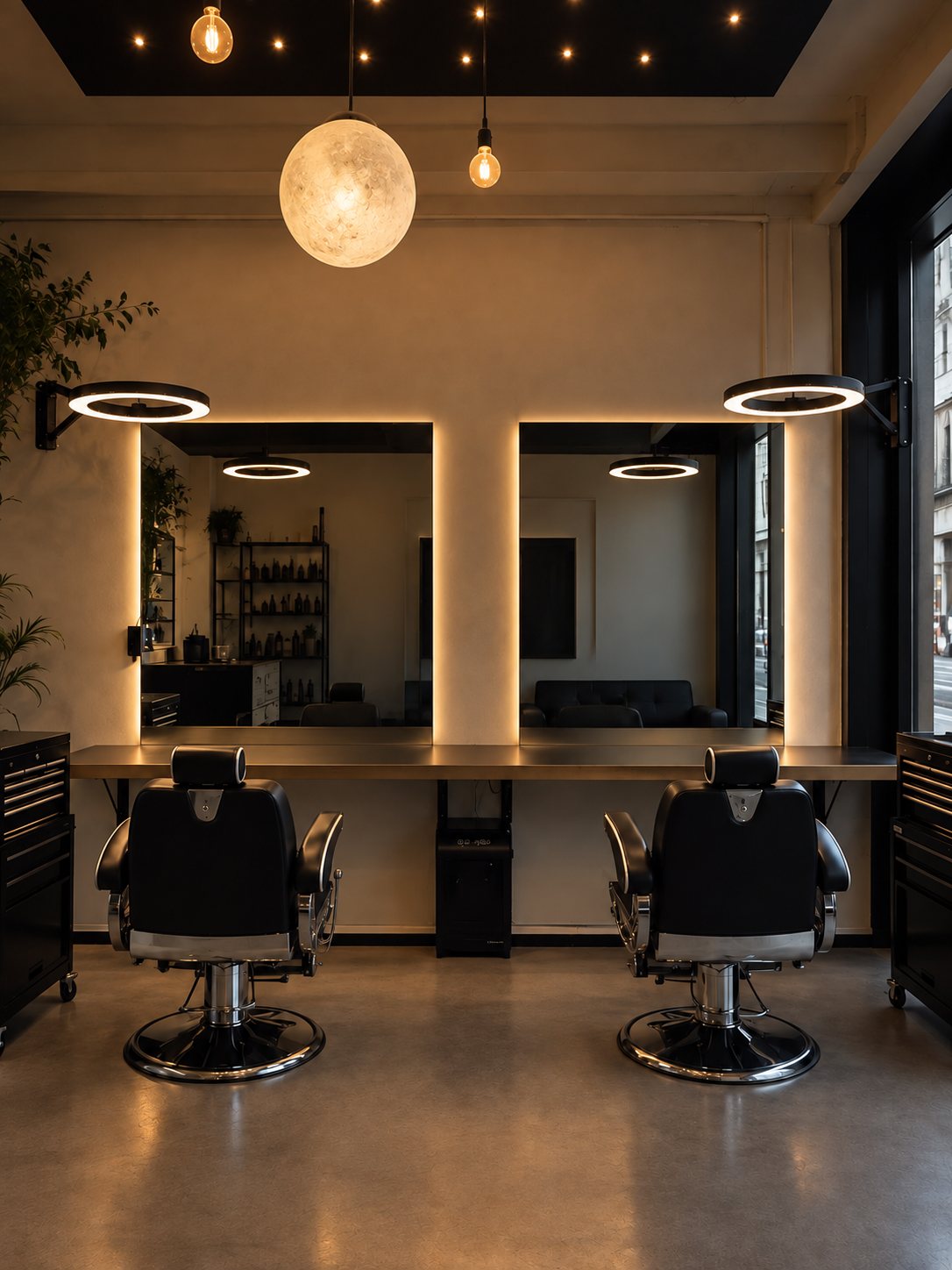 Visuel d’ambiance : fauteuils noirs, miroirs rétroéclairés et suspensions chaleureuses